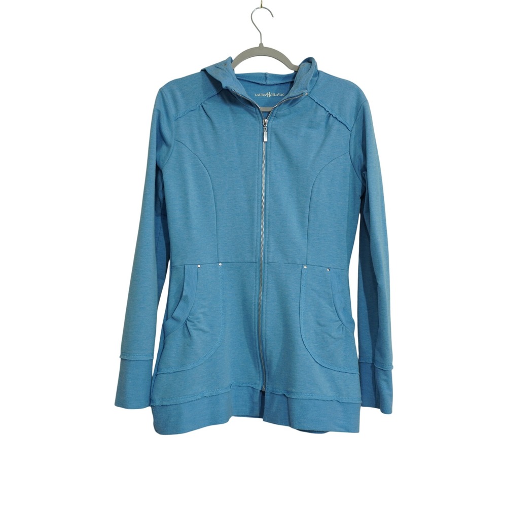 Laura Hlavac Size Small Blue Zip Up Hoodie Longline Jacket Sweatshirt‎ Cardigan